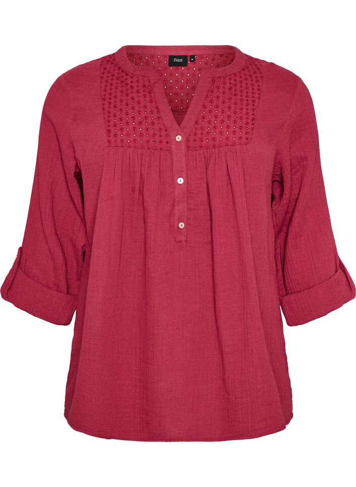 Bluse i bomuldsmusselin med broderi anglaise, R&oslash;d, Packshot image number 0