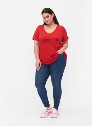 Bomulds t-shirt med teksttryk og v-hals, Tango Red ORI, Model image number 2