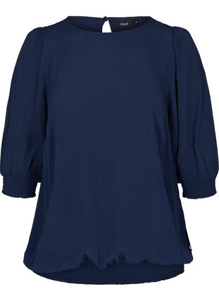 Viskose bluse med 3/4 ærmer og smock, Navy Blazer, Packshot image number 0