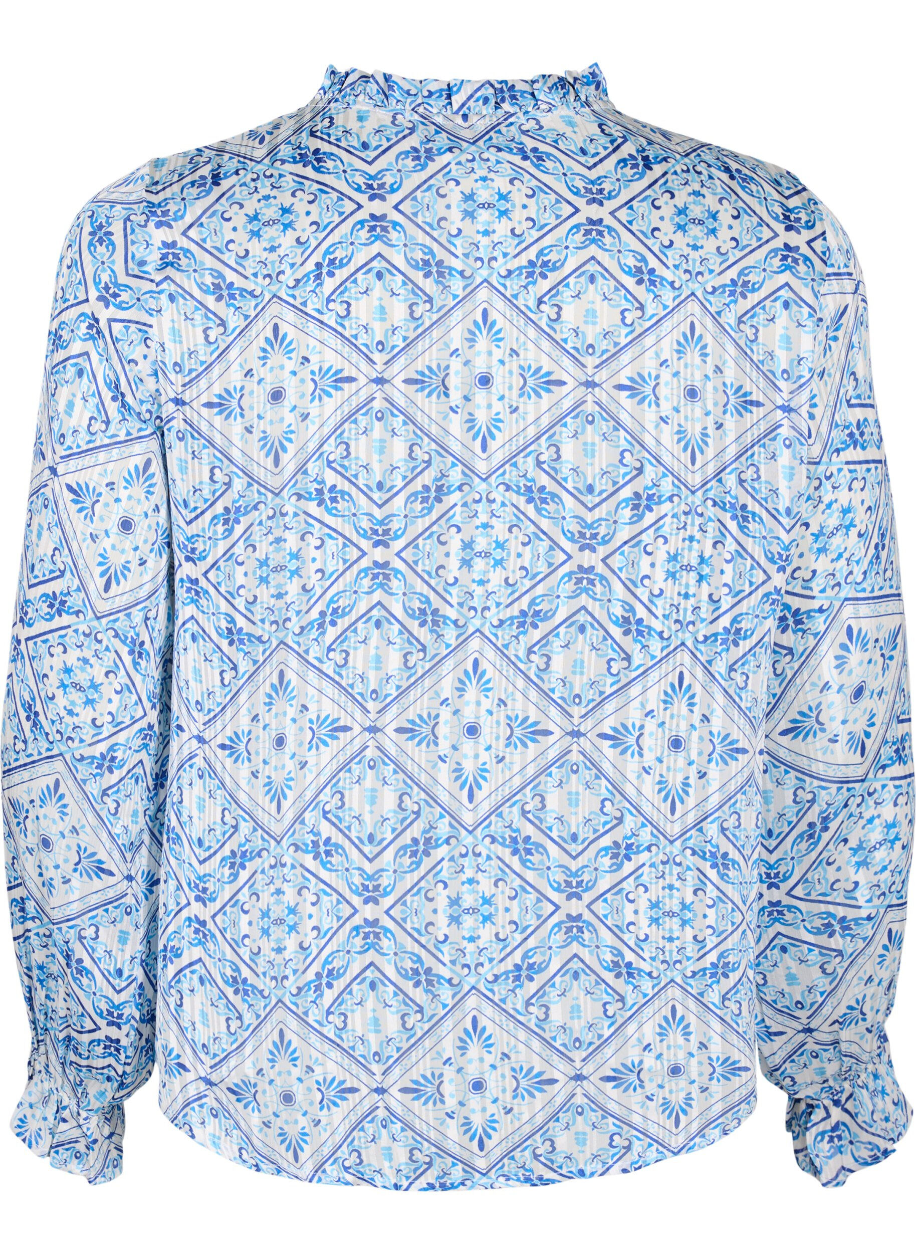 Zizzi Lang&aelig;rmet bluse med fl&aelig;ser og print, Beige, Packshot image number 1