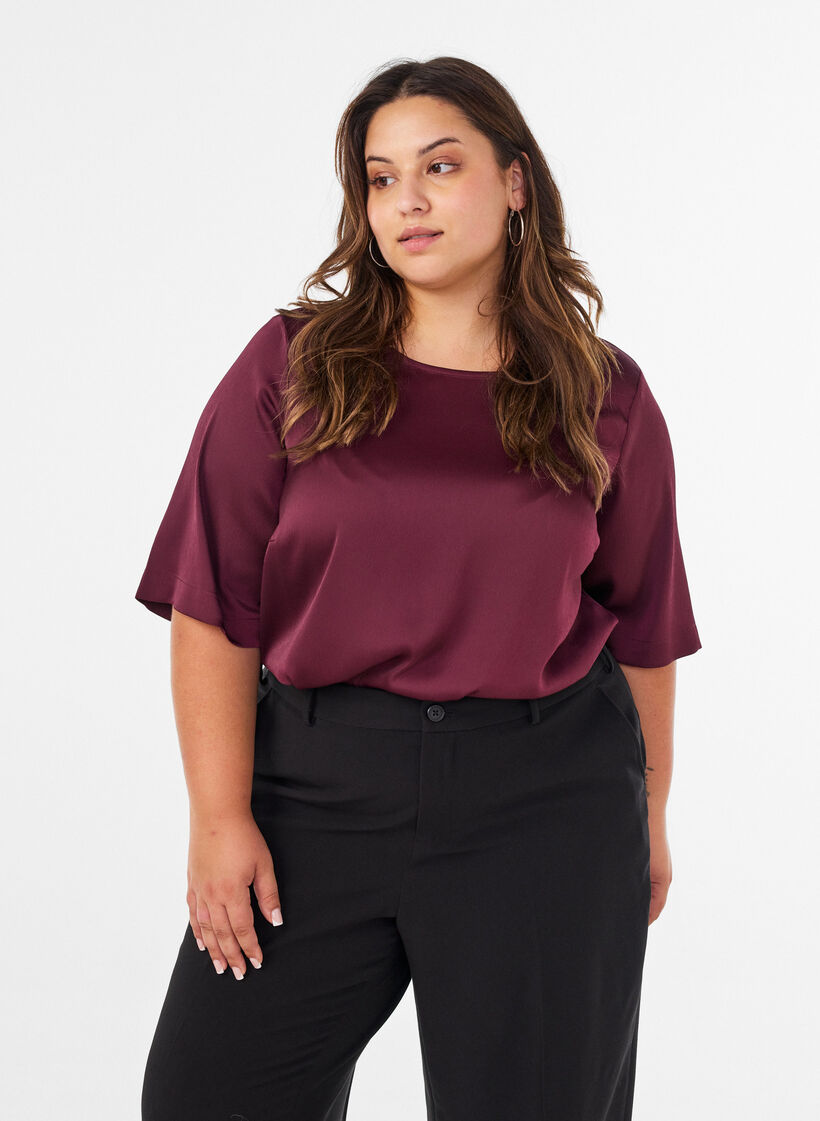 Satinbluse med albuelange &aelig;rmer, R&oslash;d, Model image number 0