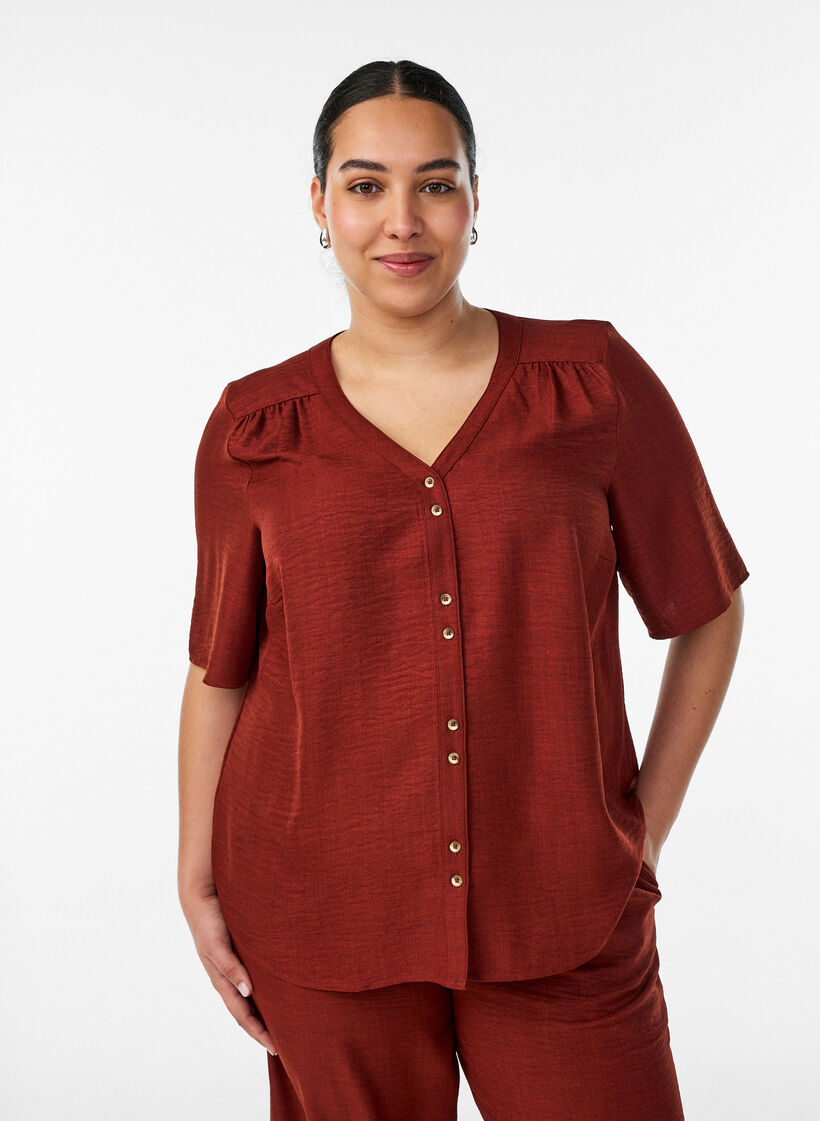 Skjortebluse med v-hals og korte &aelig;rmer, R&oslash;d, Model image number 0