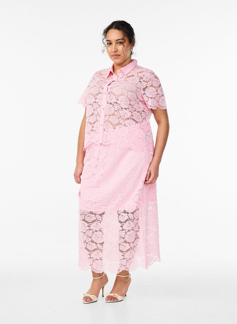 Midinederdel i blonde med elastisk talje, Lyser&oslash;d, Model image number 0