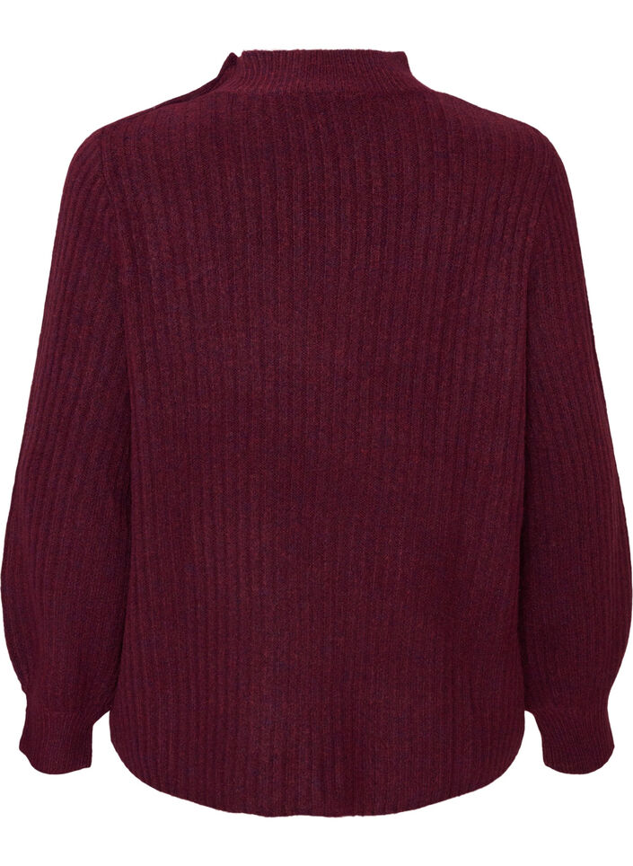 Ribstrikket sweater med ballon&aelig;rmer og knapper, M&oslash;rk Bordeaux, Packshot image number 1