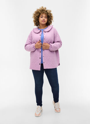 Quiltet jakke med krave og flæsekant, Lavender Mist, Model image number 2