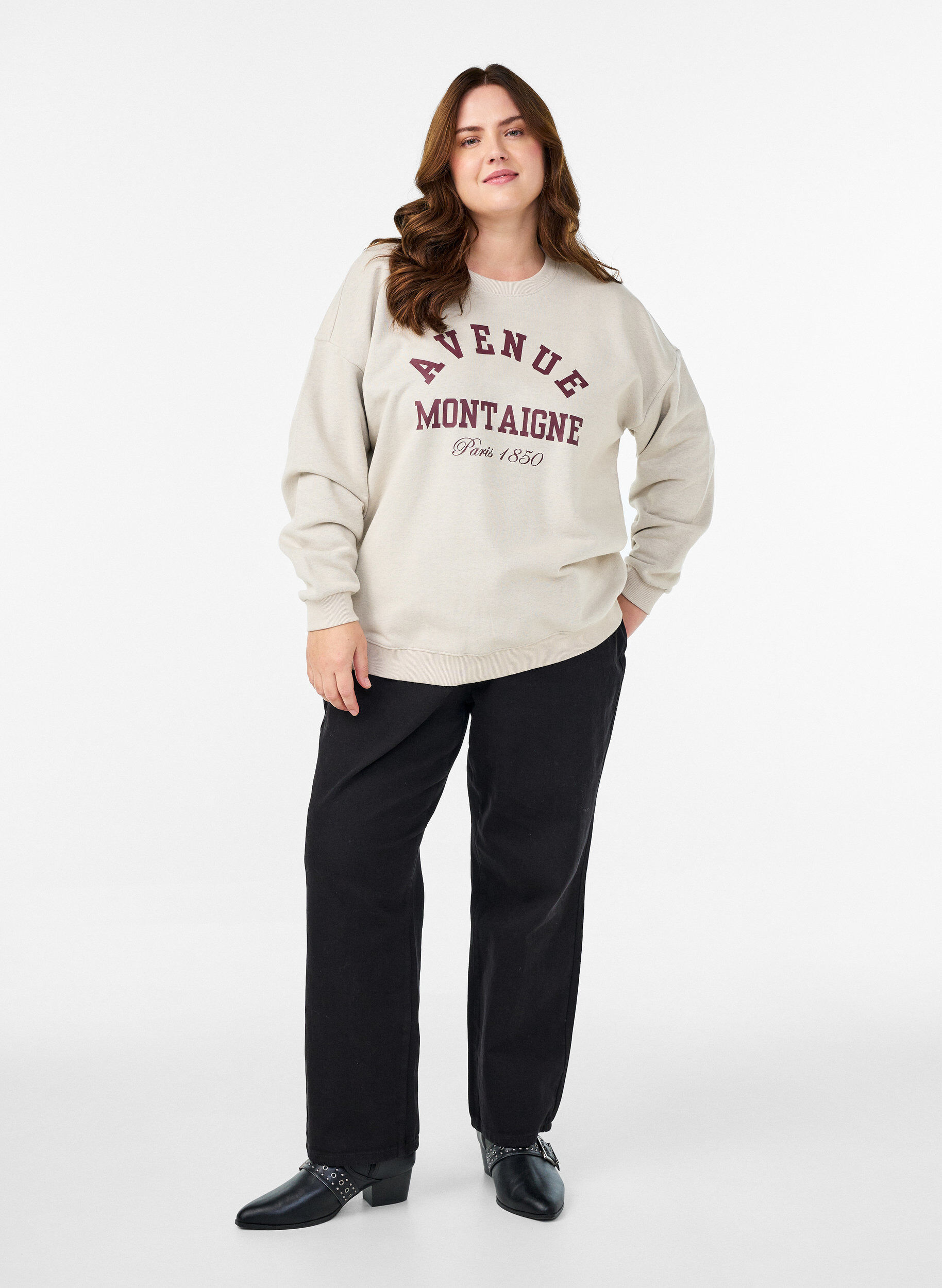 Zizzi Sweatshirt med tekst foran, Beige, Model image number 1