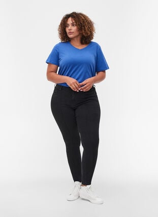 Super slim Amy jeans med piping, Black, Model image number 0