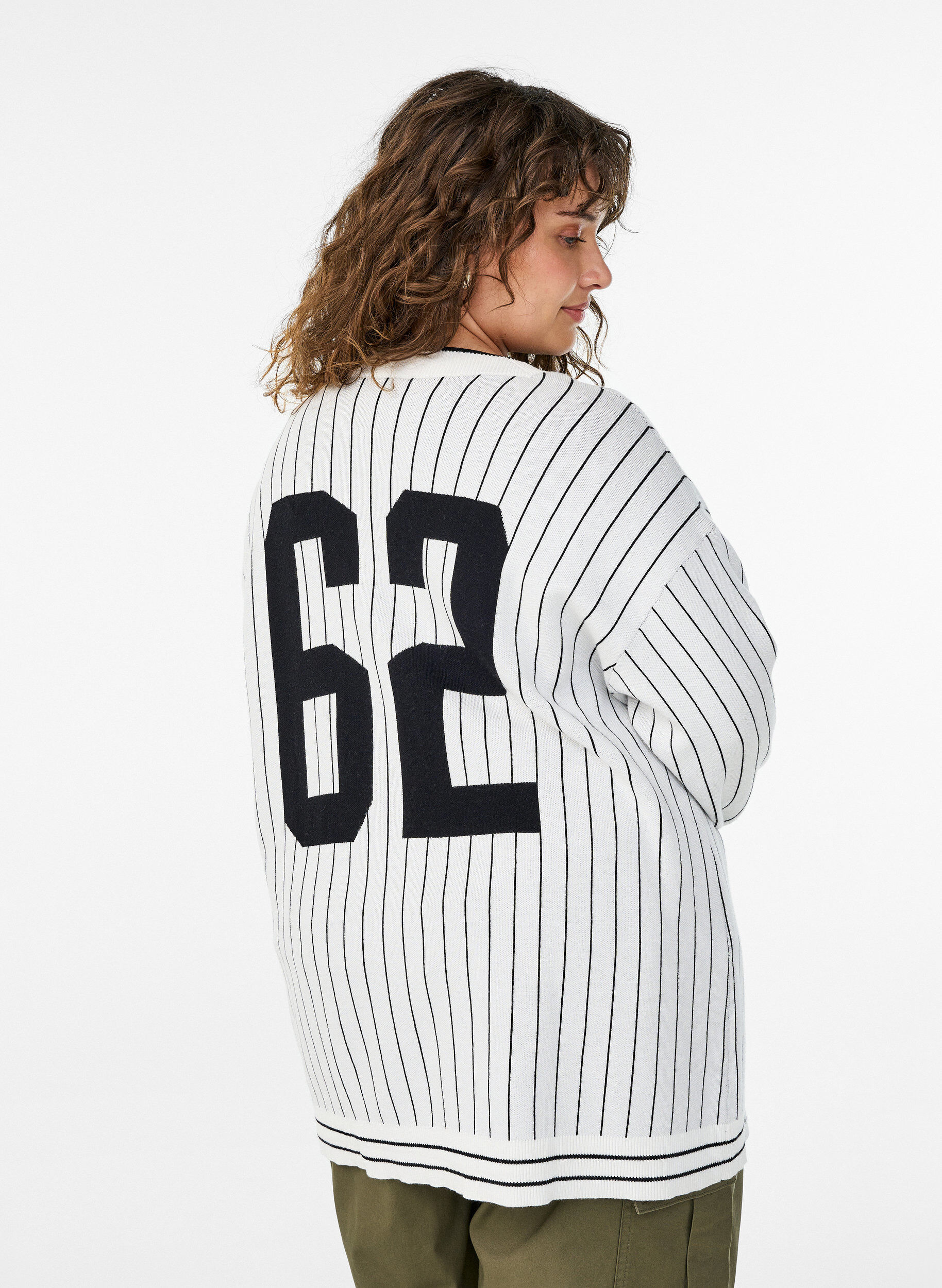 Zizzi Strikket cardigan med striber og rygmotiv, Hvid, Model image number 2