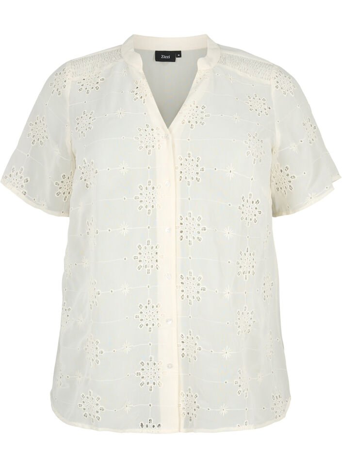 Kortærmet skjortebluse med broderi anglaise, Antique White, Packshot image number 0
