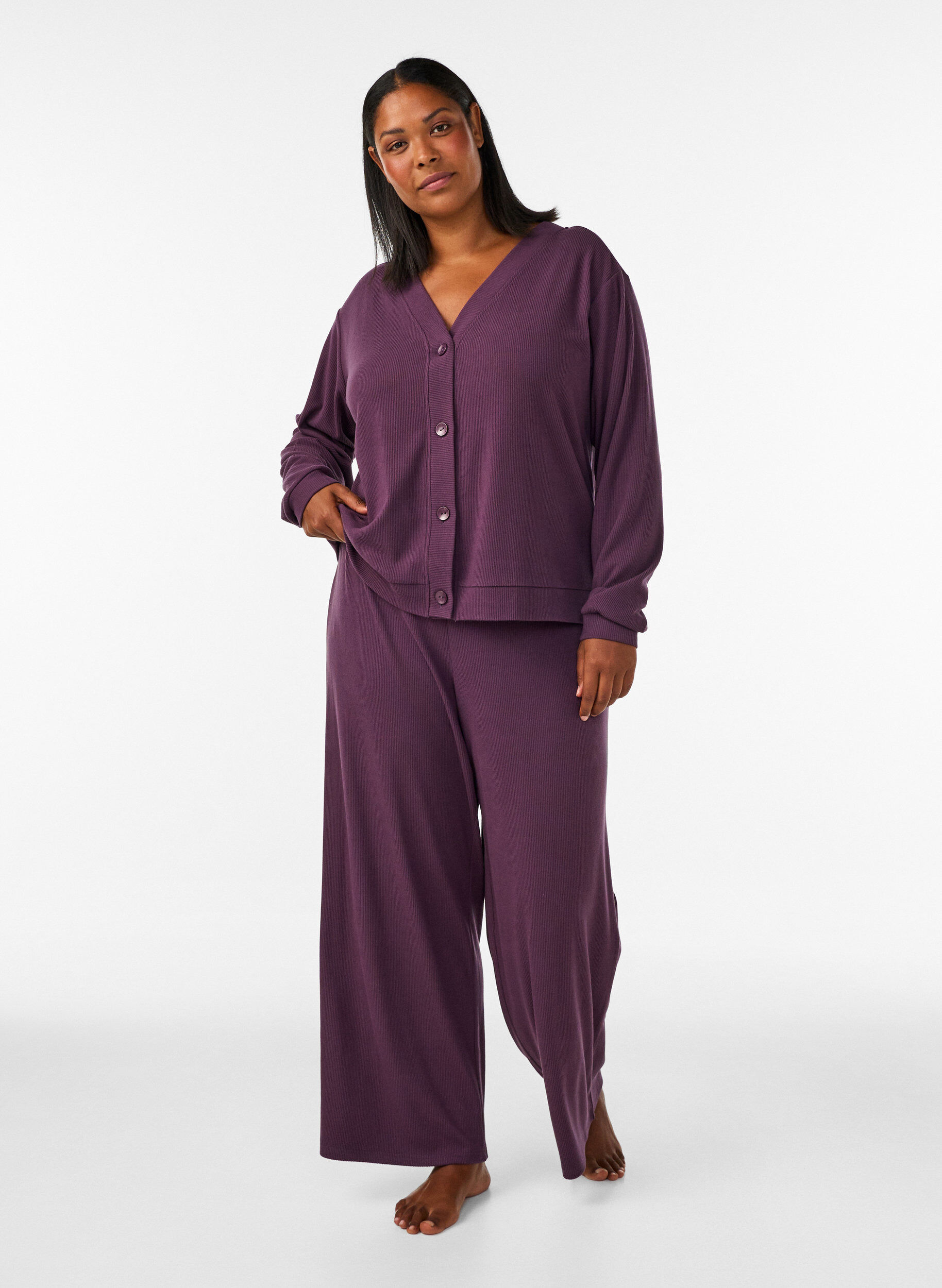 ZizziJerseycardigan med ribstruktur og V-hals, Lilla, Model image number 1