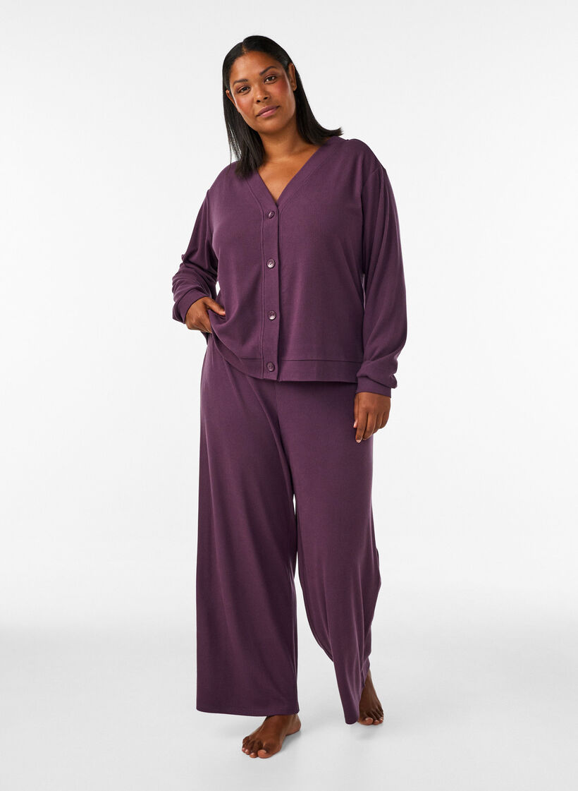 Jerseycardigan med ribstruktur og V-hals, Lilla, Model image number 1