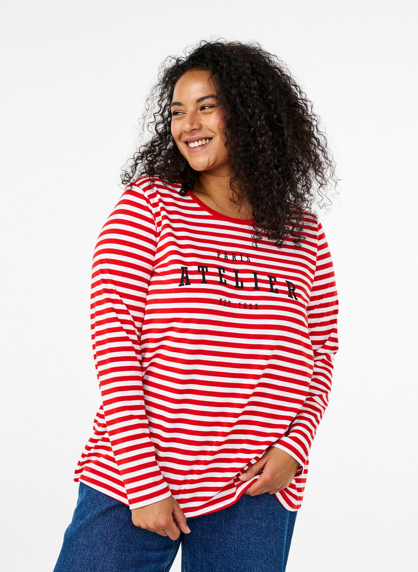 Bluse med striber og motiv, Whitew.FlameS.Stripe, Model image number 0