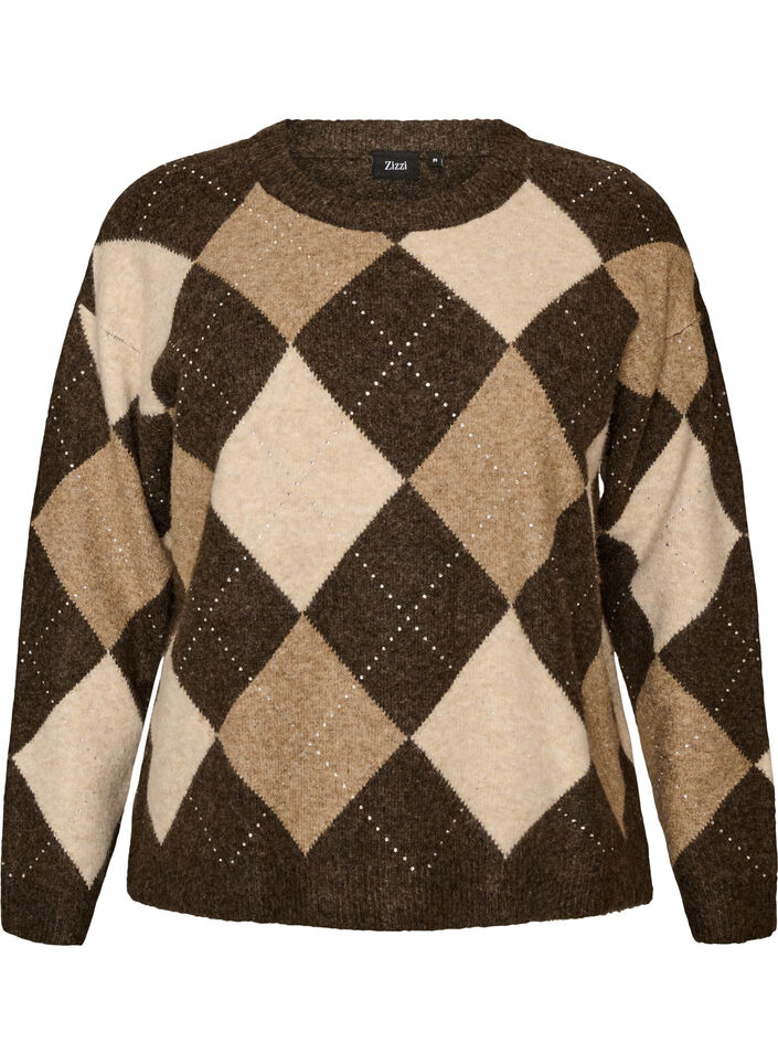 Strikbluse med argylem&oslash;nster og rhinsten, Brun, Packshot image number 0