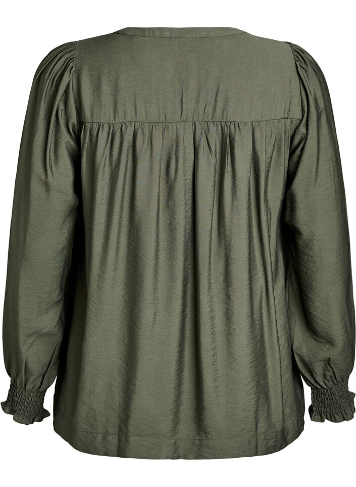 Viskosebluse med smock og rynkedetaljer, Gr&oslash;n, Packshot image number 1
