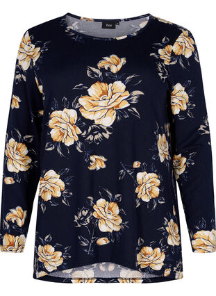 Blomstret bluse med lange ærmer, Night Sky Flower AOP, Packshot image number 0