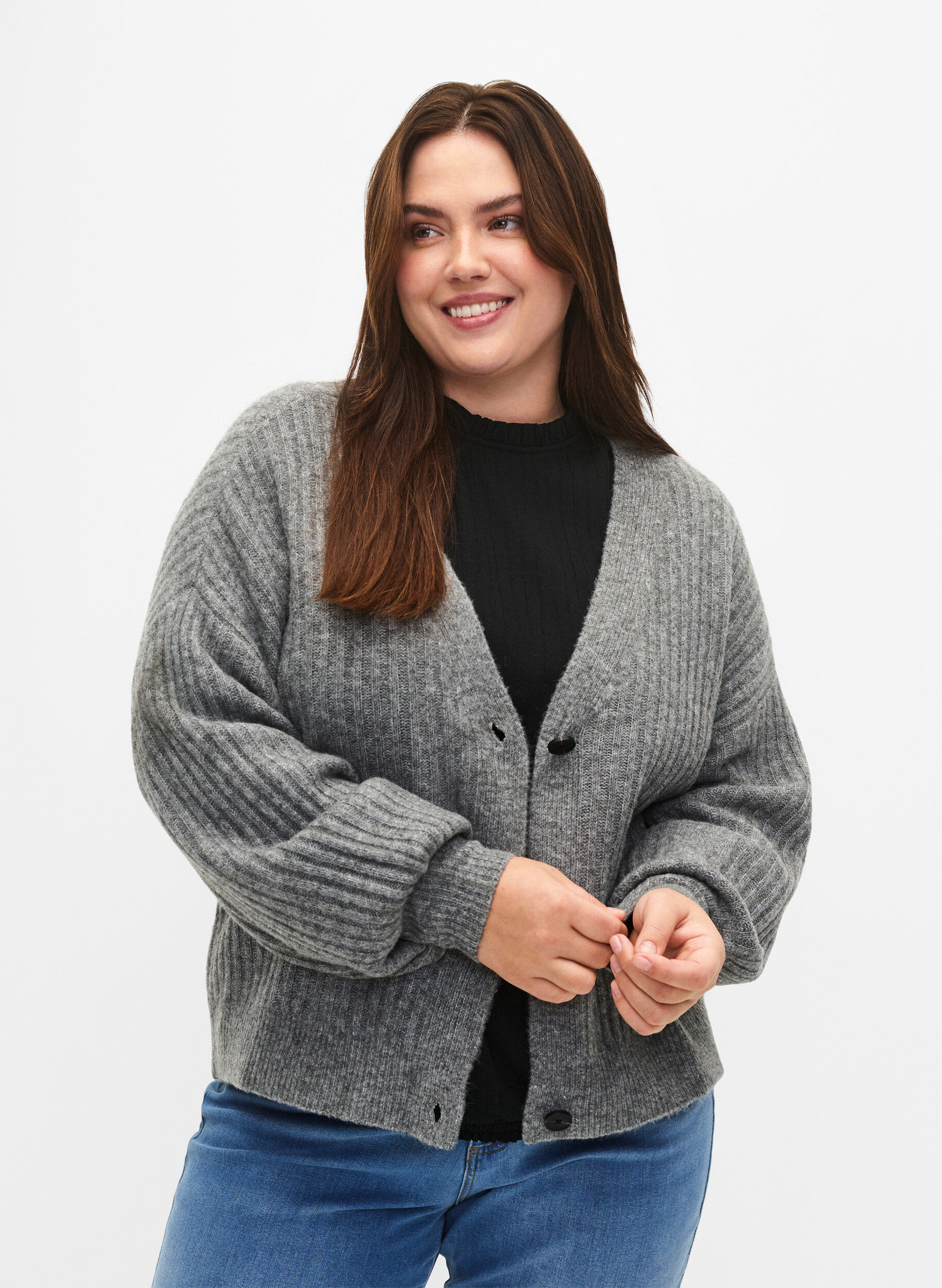 Zizzi Meleret cardigan i ribstrik, Light Grey Melange, Model image number 0