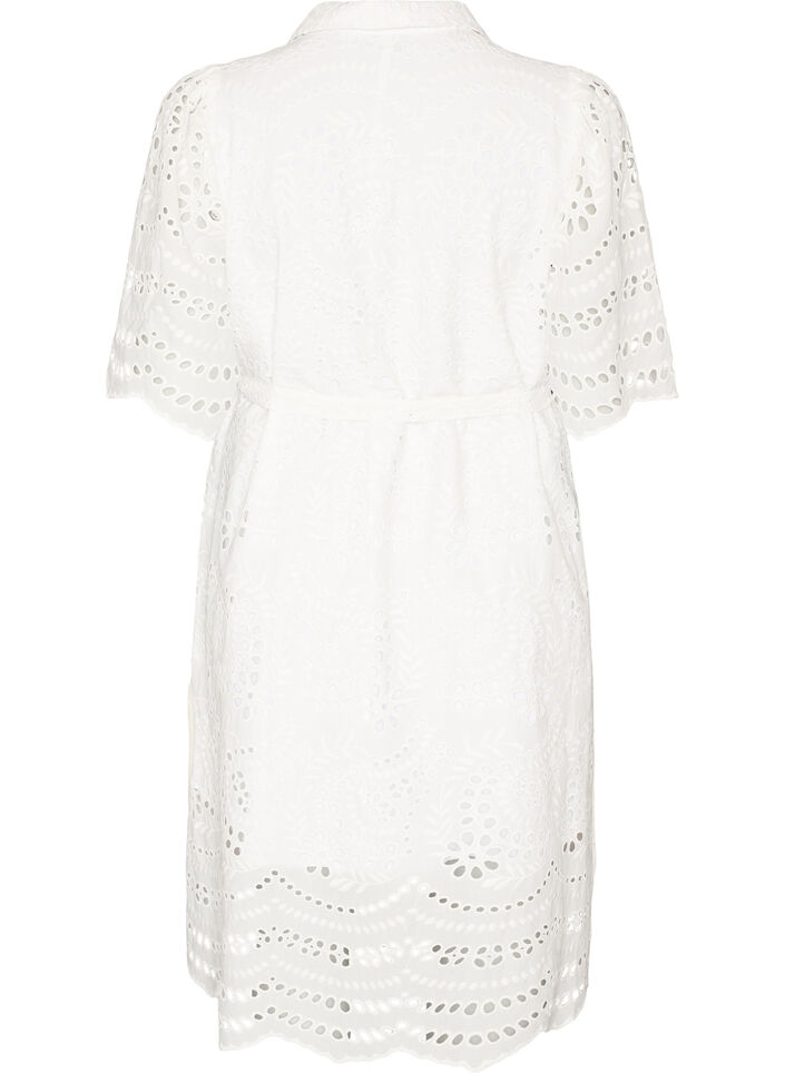 Skjortekjole i broderie anglaise med bindeb&aelig;lte, Hvid, Packshot image number 1