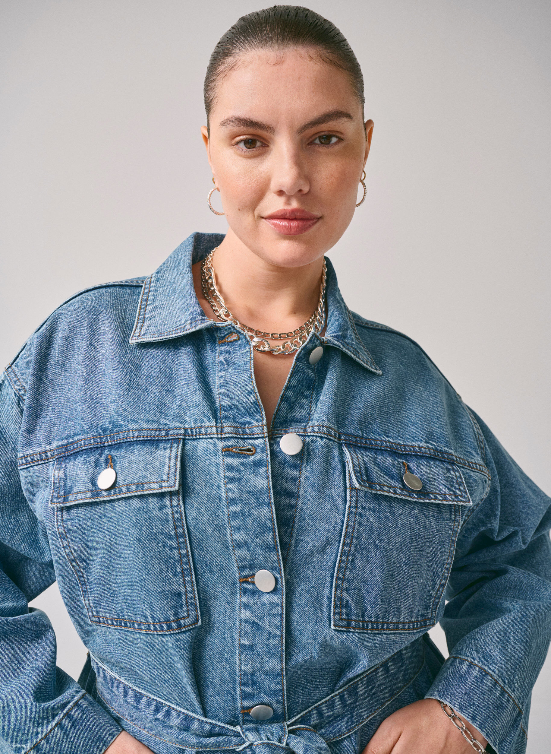 Zizzi Denimjakke med bindeb&aelig;lte, Blue Denim, Image image number 1