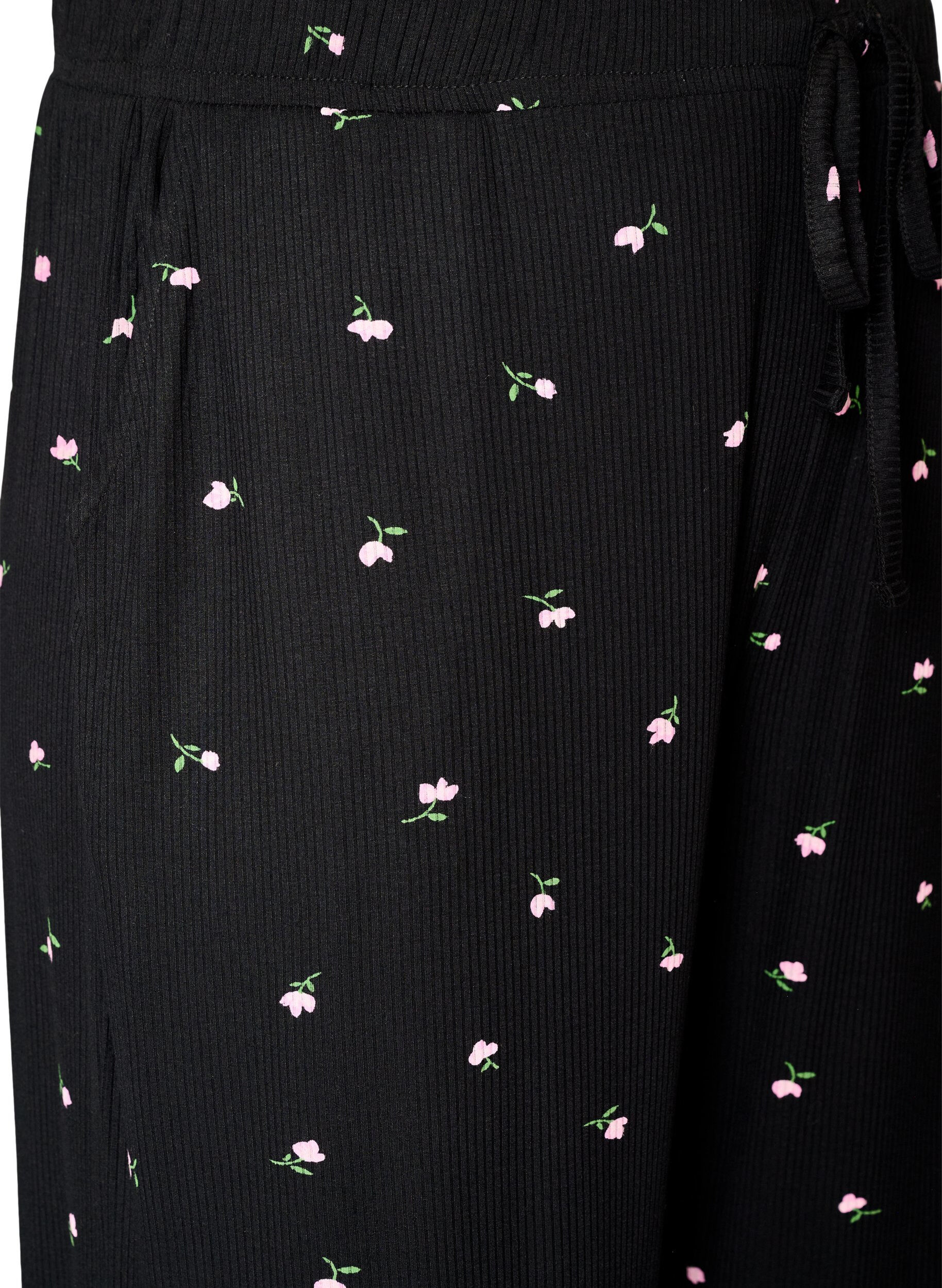 ZizziPyjamasbukser med ribstruktur og blomsterprint, Sort, Packshot image number 2