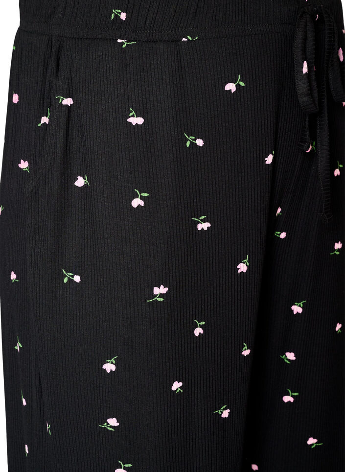 Pyjamasbukser med ribstruktur og blomsterprint, Sort, Packshot image number 2