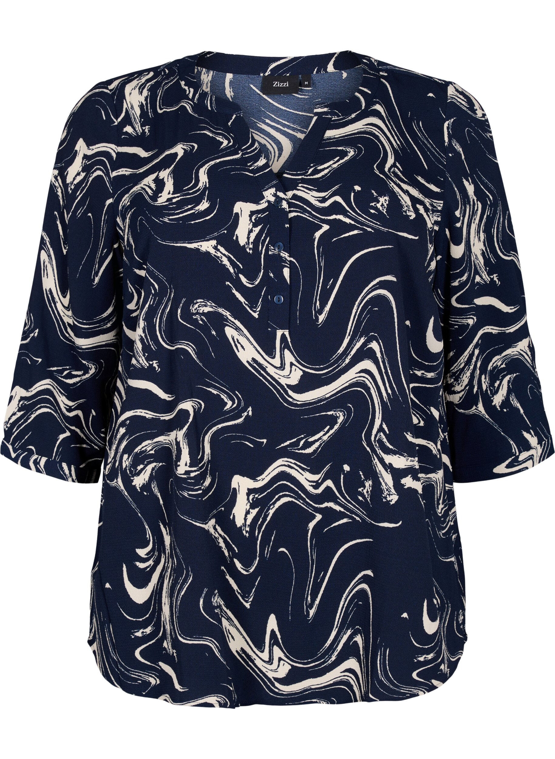 Zizzi Printet bluse med 3/4 &aelig;rmer, N. Blazer Swirl AOP, Packshot image number 0