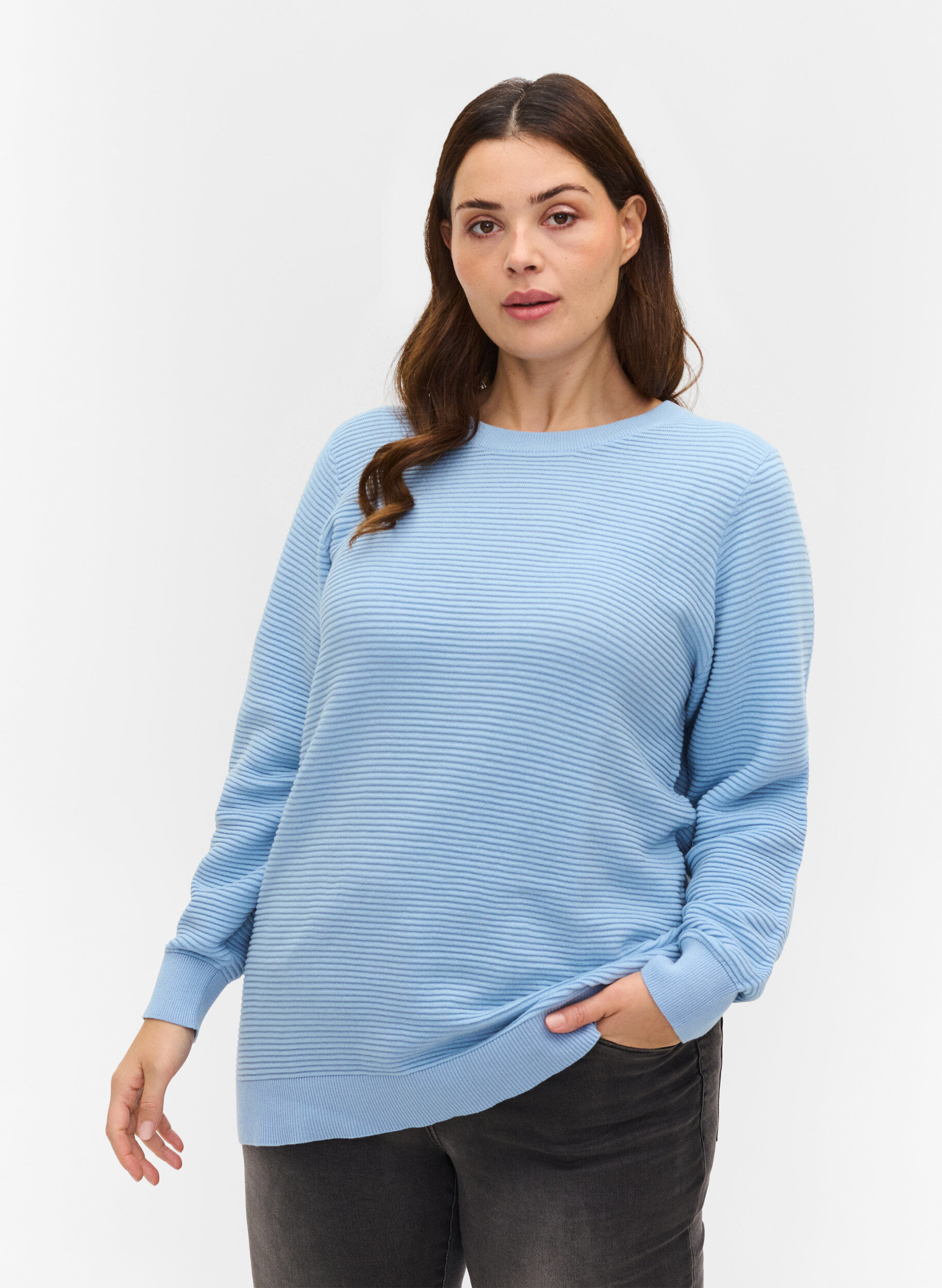 Zizzi Lang&aelig;rmet strikbluse i &oslash;kologisk bomuld, Chambray Blue, Model image number 0
