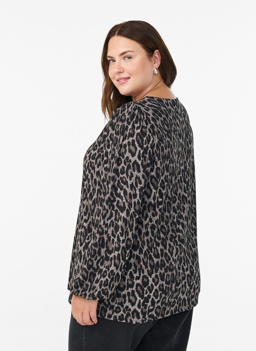 Bluse med lange &aelig;rmer og leoprint, Gr&aring;, Model image number 2