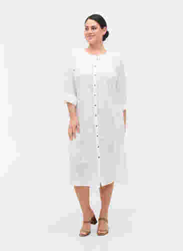 Bomulds skjortekjole med 3/4 ærmer, Bright White, Model image number 2