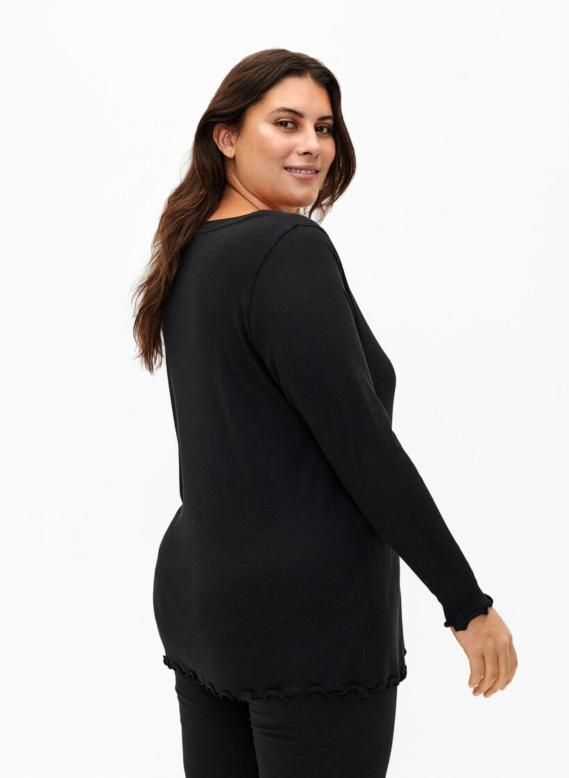 Bluse i rib med lange ærmer og v-hals, Black, Model image number 1
