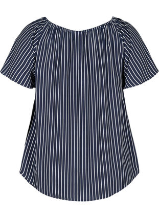 Stribet viskose bluse med korte ærmer, Blue White stripe, Packshot image number 1