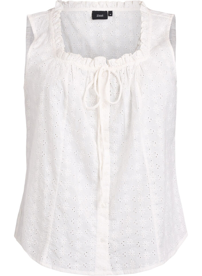 &AElig;rmel&oslash;s bluse med broderie anglaise og fl&aelig;ser, Vanilla, Packshot image number 0