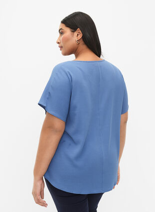 Bluse med korte ærmer og rund halsudskæring, Moonlight Blue, Model image number 1