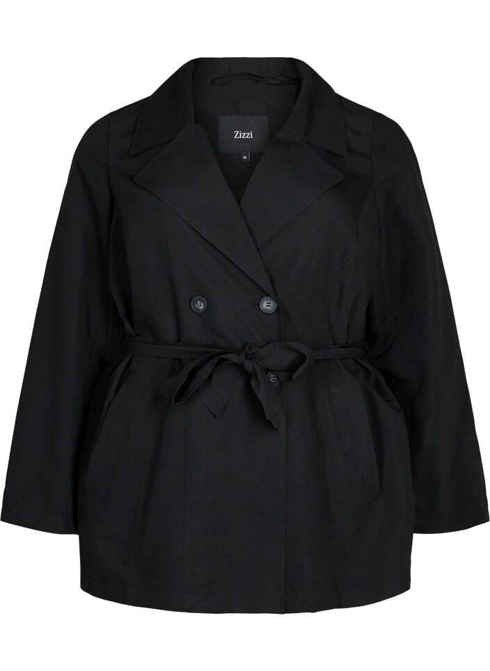 Trenchcoat med bælte og lommer, Black, Packshot image number 0