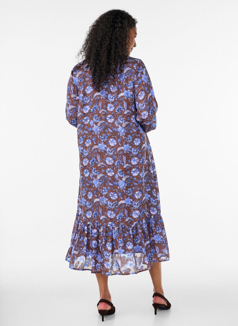 Midikjole med blomsterprint og fl&aelig;sekant, Brun, Model image number 1