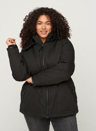 Kort vinterjakke med hætte og imiteret pelskant, Black, Model image number 0