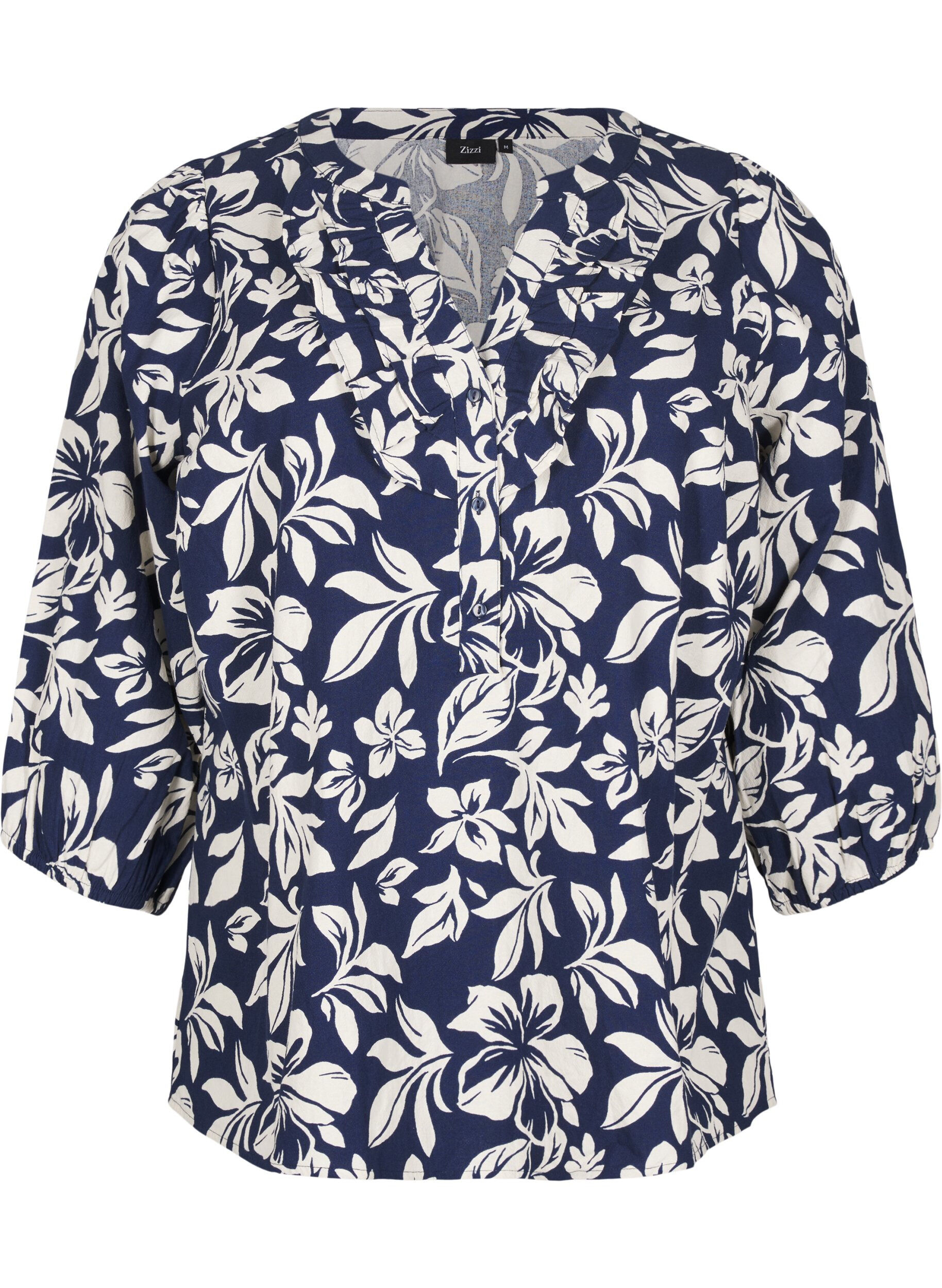 Zizzi 3/4 &aelig;rmet bluse i bomuld med print, Naval Academy Flower, Packshot image number 0