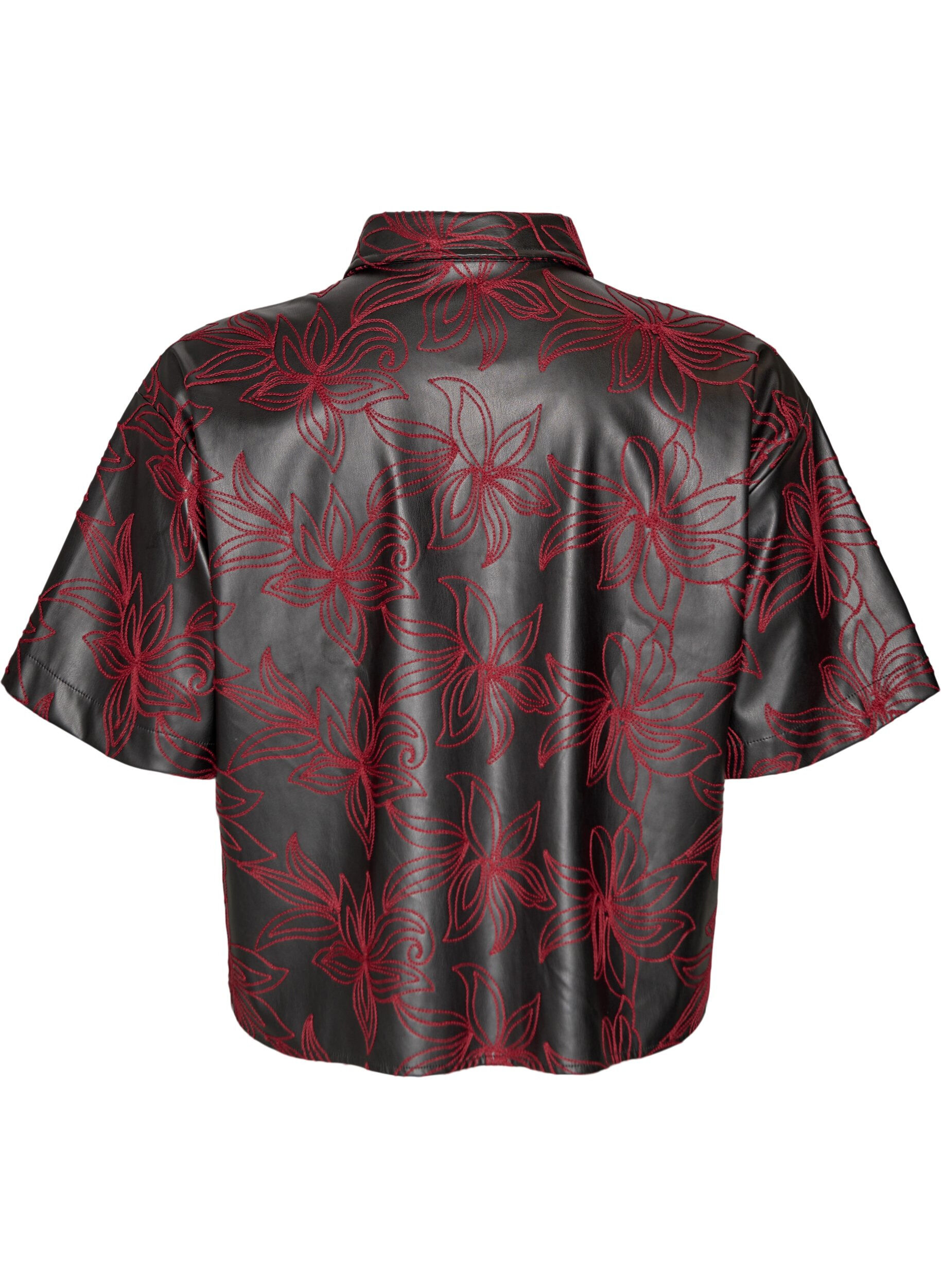 Zizzi Kort skjorte i imiteret l&aelig;der med kontrastbroderi, Sort, Packshot image number 1