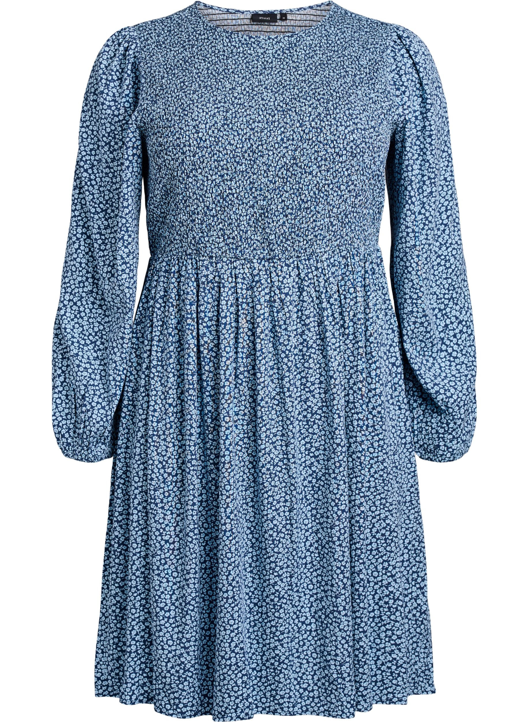ZizziKjole med smock-overdel og sm&aring;blomstret m&oslash;nster, Bl&aring;, Packshot image number 0