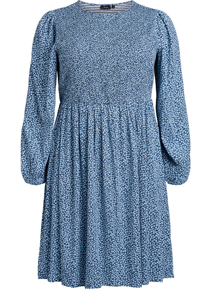 Kjole med smock-overdel og sm&aring;blomstret m&oslash;nster, Bl&aring;, Packshot image number 0