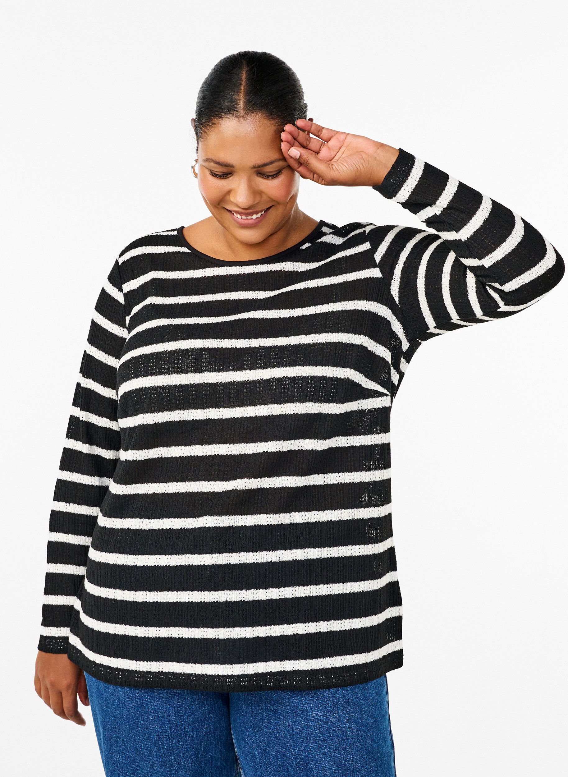 Zizzi Bluse med striber og lange &aelig;rmer, Black Sand Stripe, Model image number 0