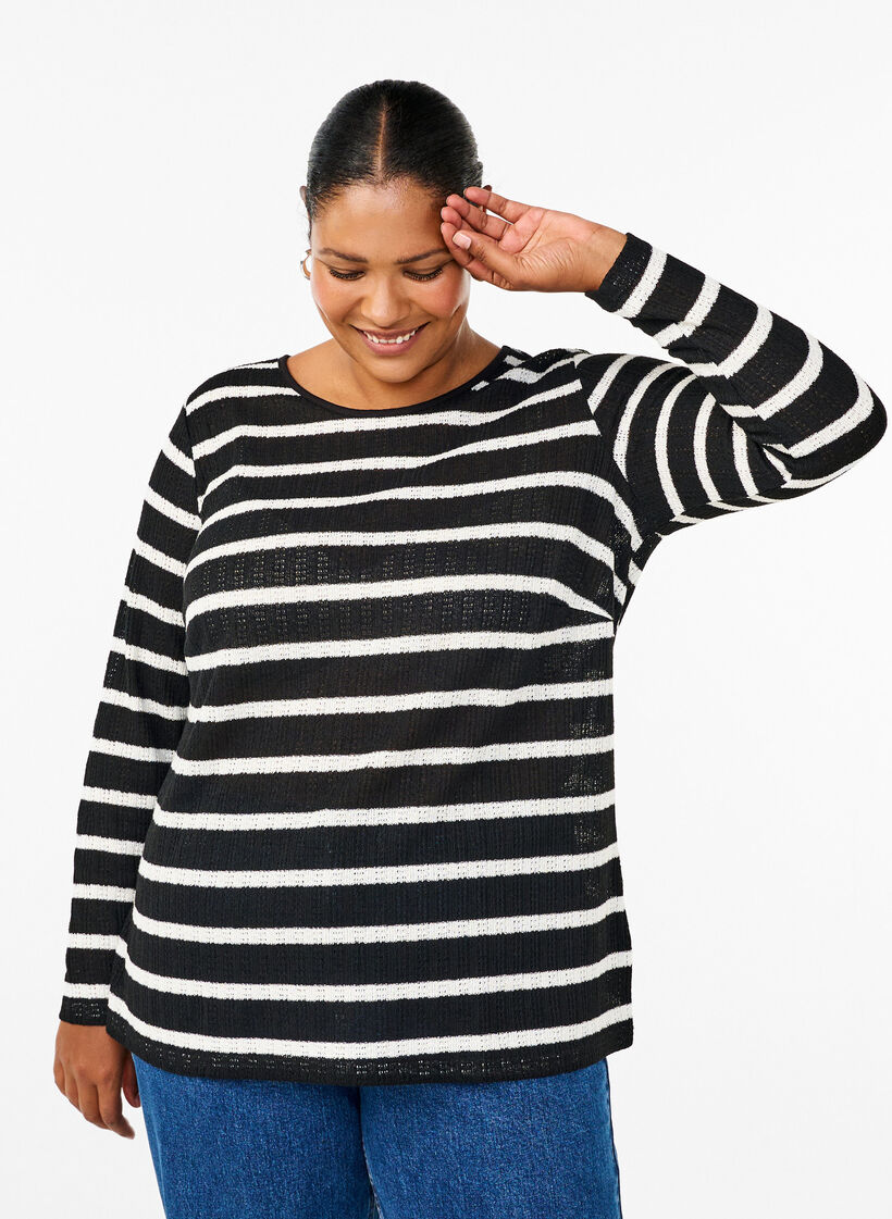 Bluse med striber og lange ærmer, Black Sand Stripe, Model image number 0