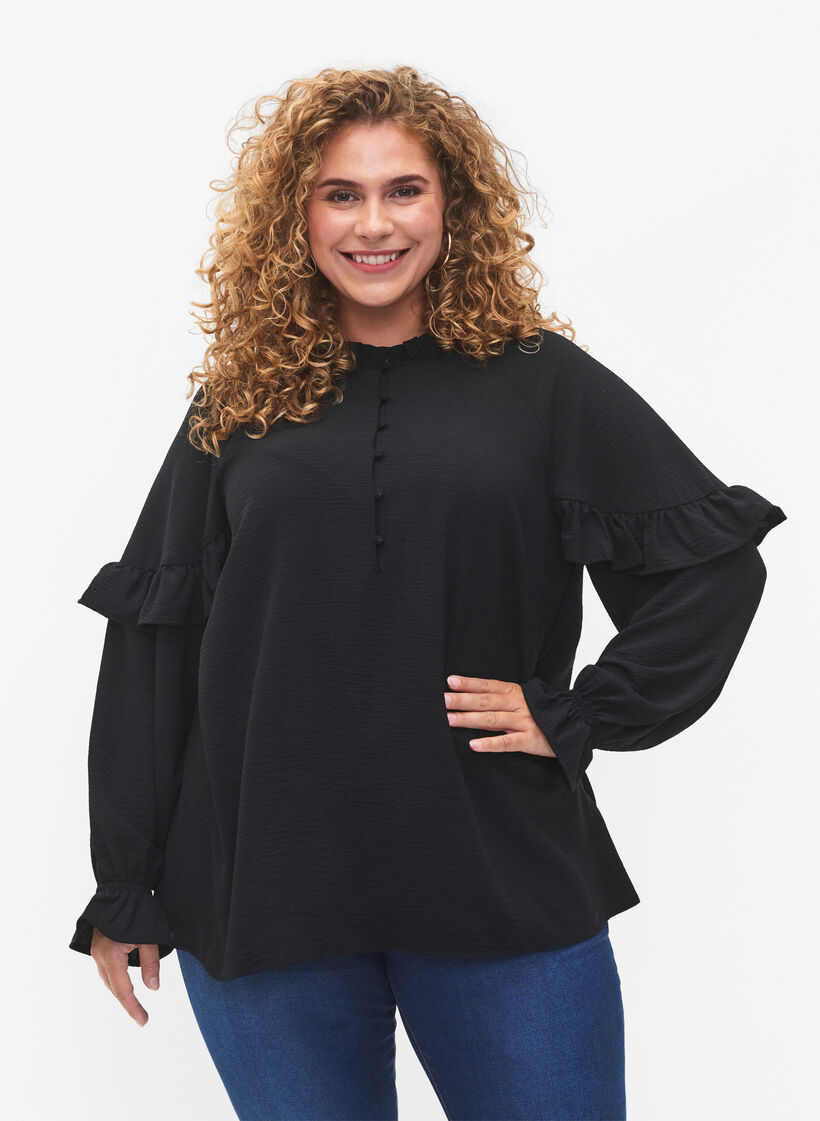 Bluse med fl&aelig;ser og knapper, Black, Model image number 0