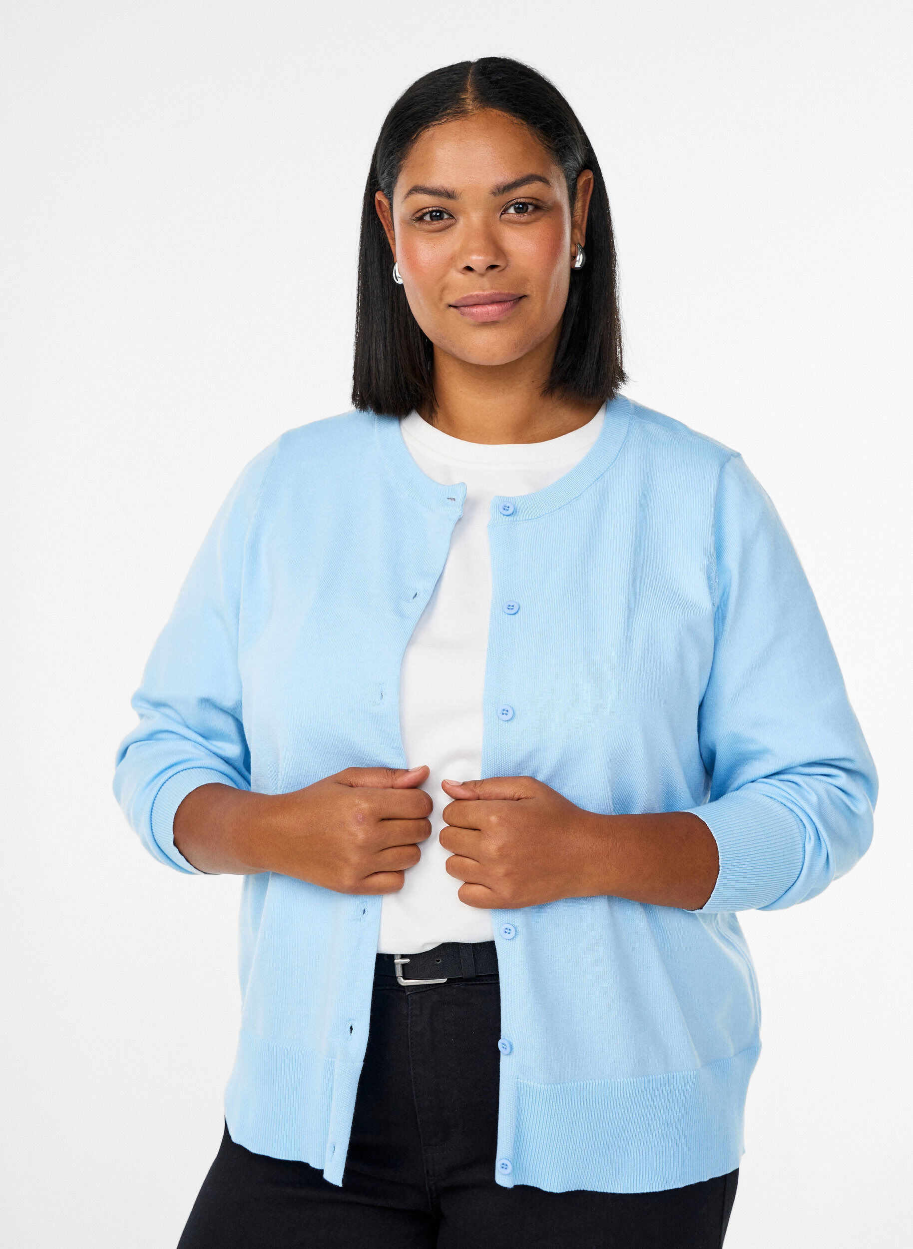 ZizziFinstrikket cardigan med rund hals, Bl&aring;, Model image number 0