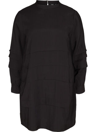 Viskose kjole med lange ærmer og læg, Black, Packshot image number 0