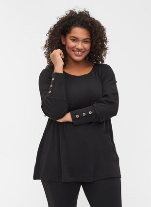 Langærmet bluse med knappedetaljer, Black, Model image number 0