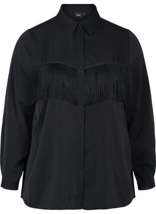 Ensfarvet skjorte med frynser, Black, Packshot image number 0