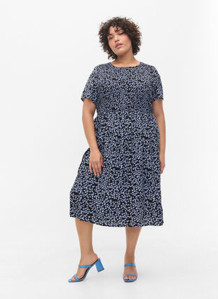 Printet viskose kjole med smock, Blue Dot, Model image number 2