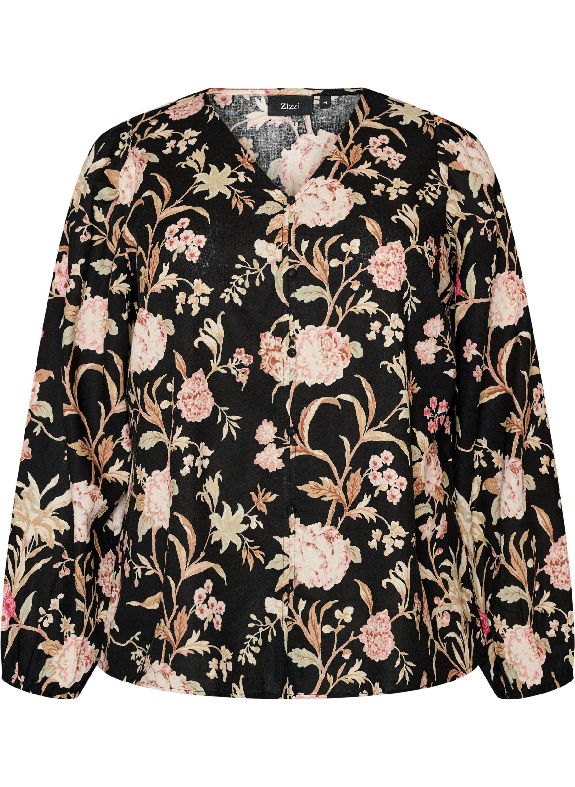 ZizziBlomstret bluse i h&oslash;r og viskose med lange &aelig;rmer, Sort, Packshot image number 0