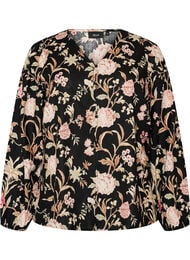 Blomstret bluse i h&oslash;r og viskose med lange &aelig;rmer, Sort