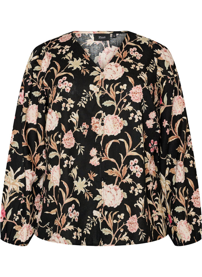 Blomstret bluse i h&oslash;r og viskose med lange &aelig;rmer, Sort, Packshot image number 0